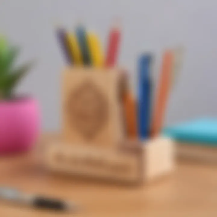 A personalized wooden pen holder on a teacher's desk