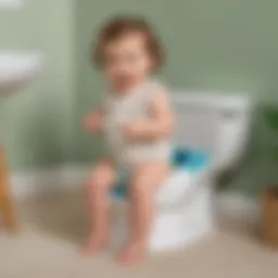 Toddler happily using step-up potty seat