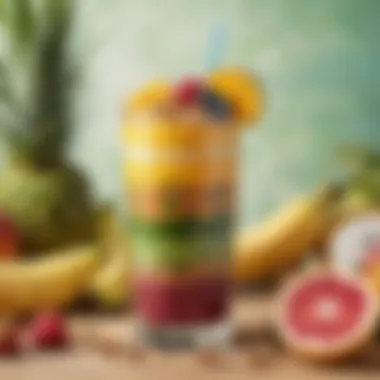 Tropical Paradise Nutrient Boost A colorful smoothie in a glass with layered tropical fruits and nuts