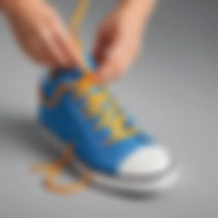 Illustration of a playful cartoon character demonstrating an easy shoelace knot method