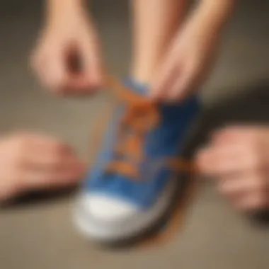 Illustration showing a child's foot with an untied shoe and a helpful hand guiding the shoelace tying process