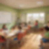 Illustration depicting a kindergarten classroom environment with children engaging in assessment activities.