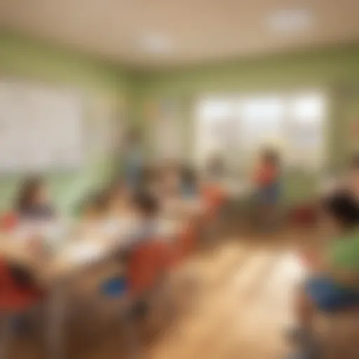 Illustration depicting a kindergarten classroom environment with children engaging in assessment activities.