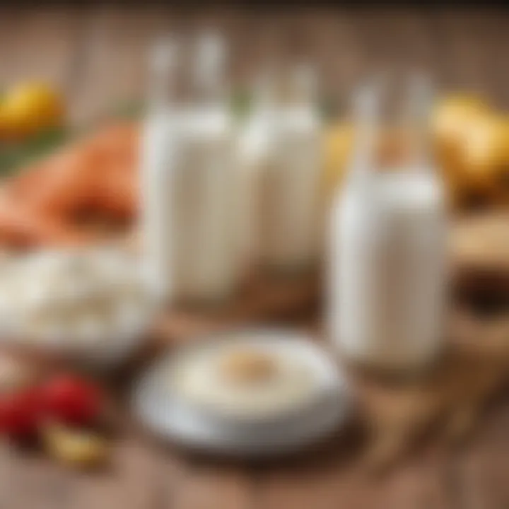 Nutritional essentials for newborns displayed on a wooden table, including milk bottles and healthy foods.