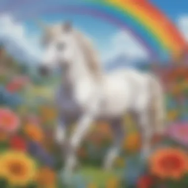 Adorable baby unicorn playing among colorful flowers under a magical rainbow