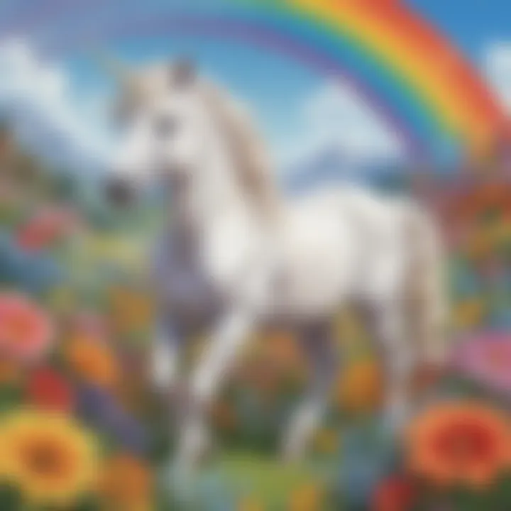 Adorable baby unicorn playing among colorful flowers under a magical rainbow