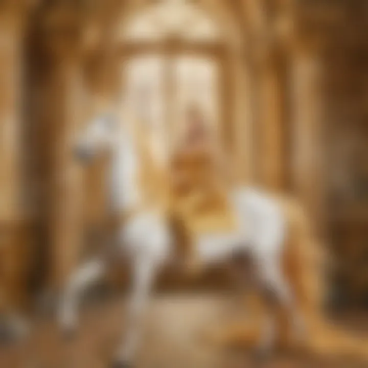 Elegant unicorn princess with flowing mane and golden hooves in a royal castle