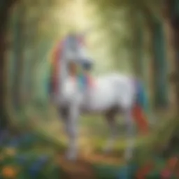 Majestic unicorn with rainbow mane in a whimsical forest setting