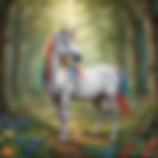 Majestic unicorn with rainbow mane in a whimsical forest setting