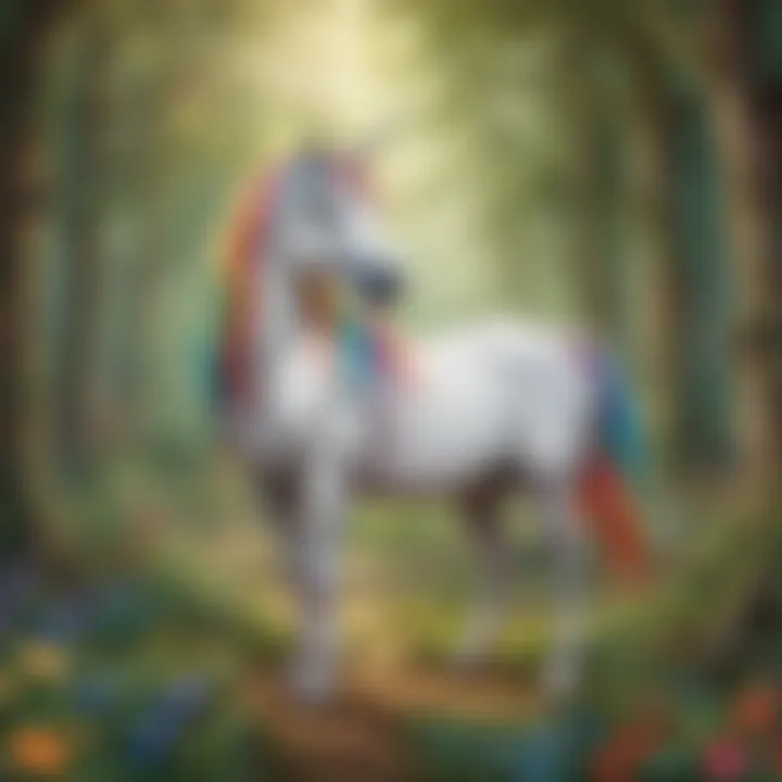 Majestic unicorn with rainbow mane in a whimsical forest setting