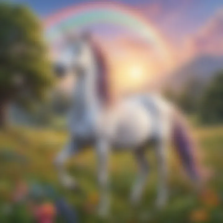 Unicorn with rainbow mane in a dreamy meadow