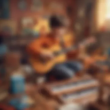 Harmonious Melodies of Imagination Kid playing with musical instruments in a creative setup