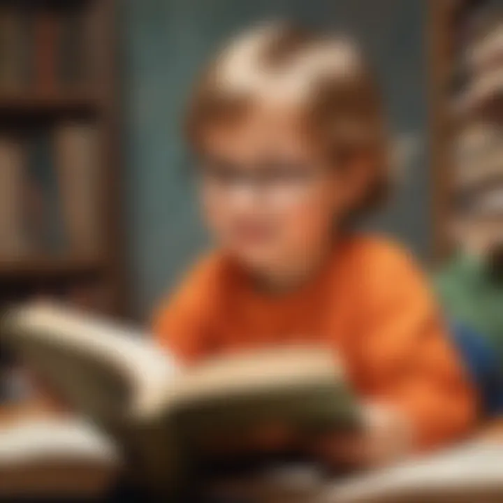 Illustration of a young child engrossed in reading a book