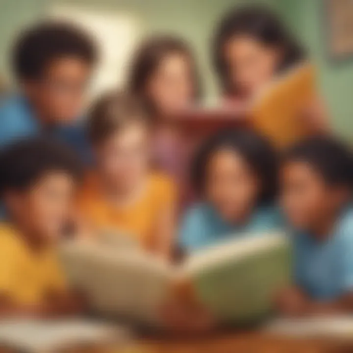 Illustration of a diverse group of children learning to read together