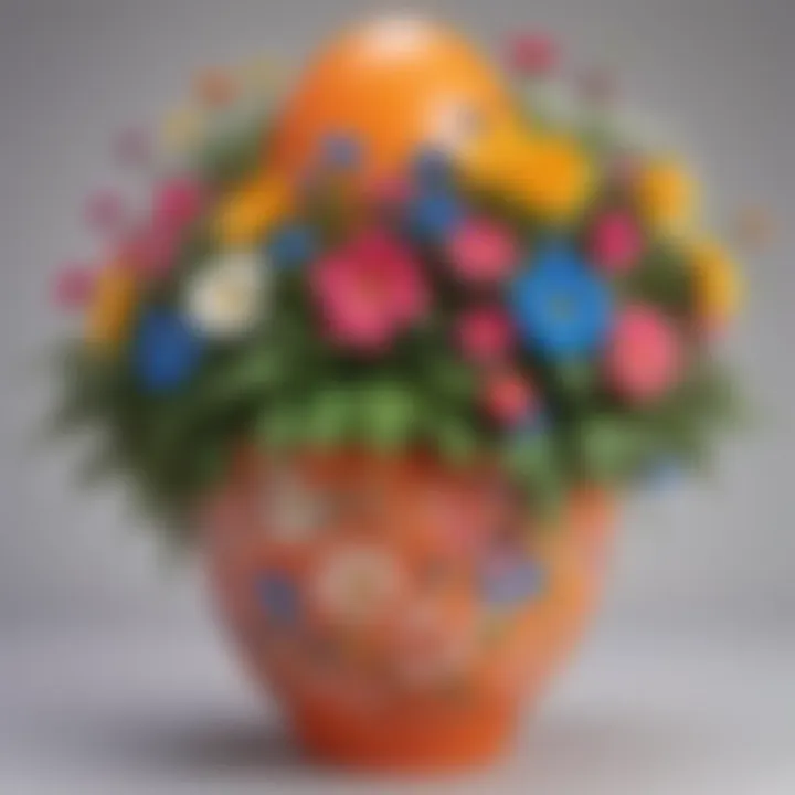 Innovative giant plastic egg transformed into a vibrant flower pot