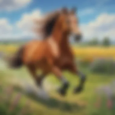 Vibrant horse running freely in a field