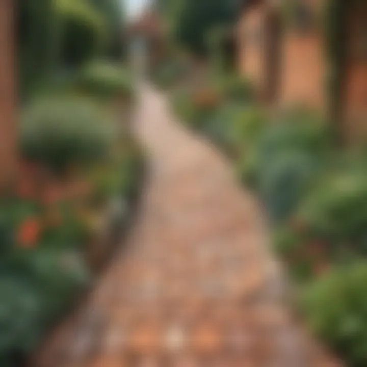 Rustic brick pathway leading to a garden