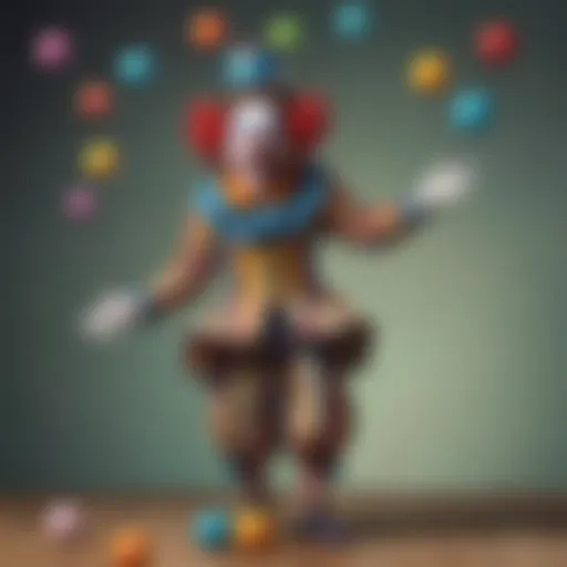 Illustration of a whimsical clown juggling colorful balls