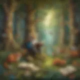 Illustration of a whimsical forest scene with animals reading books