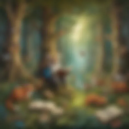 Illustration of a whimsical forest scene with animals reading books