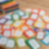 Colorful sight word flashcards laid out on a table
