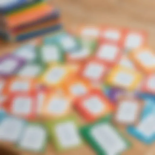 Colorful sight word flashcards laid out on a table