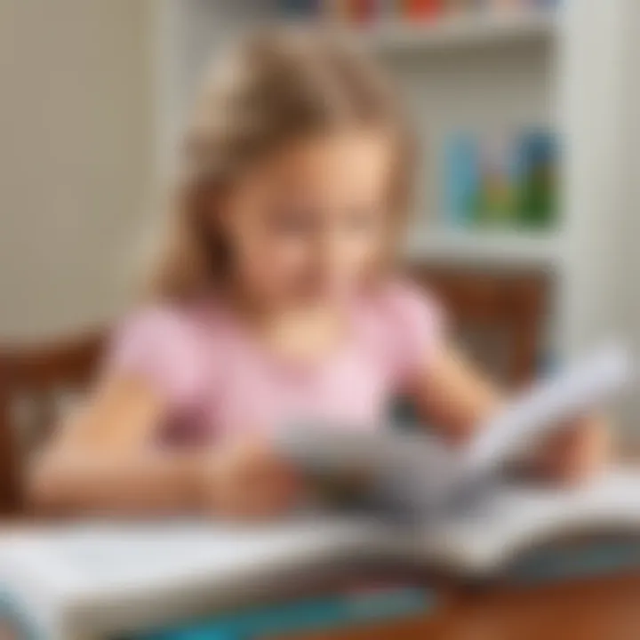 Young child engrossed in reading sight word booklet