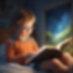 Illustration of a young child engrossed in reading a digital book