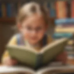 Illustration of a young child engrossed in reading a book